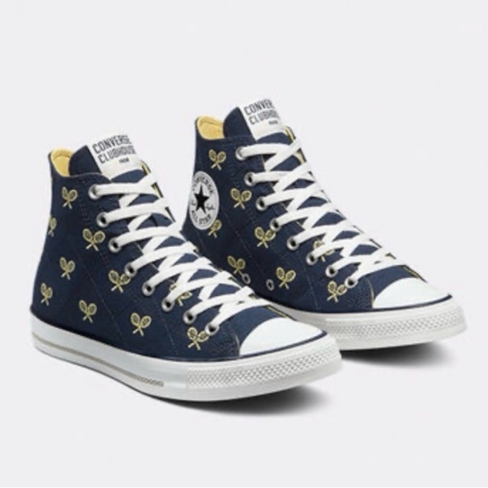 Converse Blue High-Tops with Gold Tennis Print